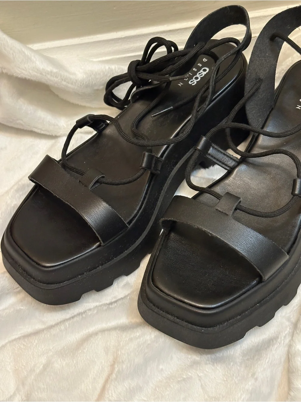ASOS Design Black Toni Tie Leg Flatform Strappy Lace Up Platform Chunky Sandals